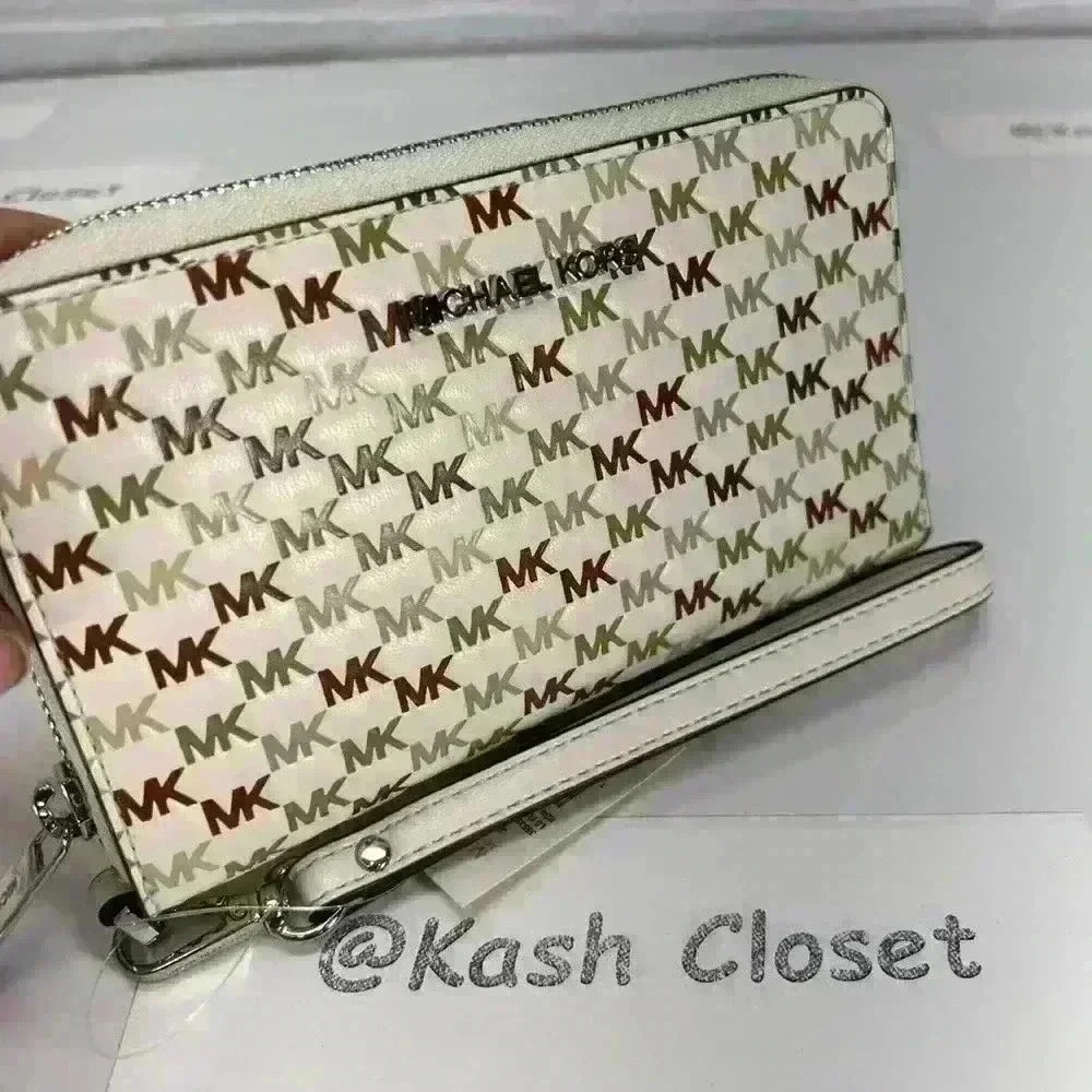 Michael Kors wristlet phone case wallet large MK Signature Light cream multi